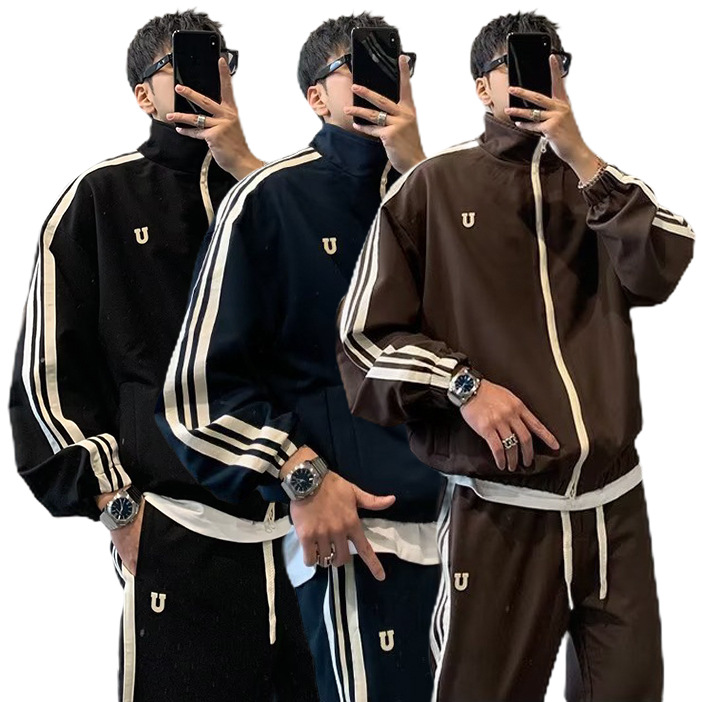 Explosiones transfronterizas de tamaño europeo de tamaño grande moda hombre doble barra suéter hombre manga larga pantalones largos dos piezas fábrica de primavera y otoño al por mayor