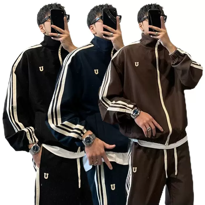 跨境爆款欧码大码潮男双杆卫衣套装男长袖长裤两件套春秋工厂批发
