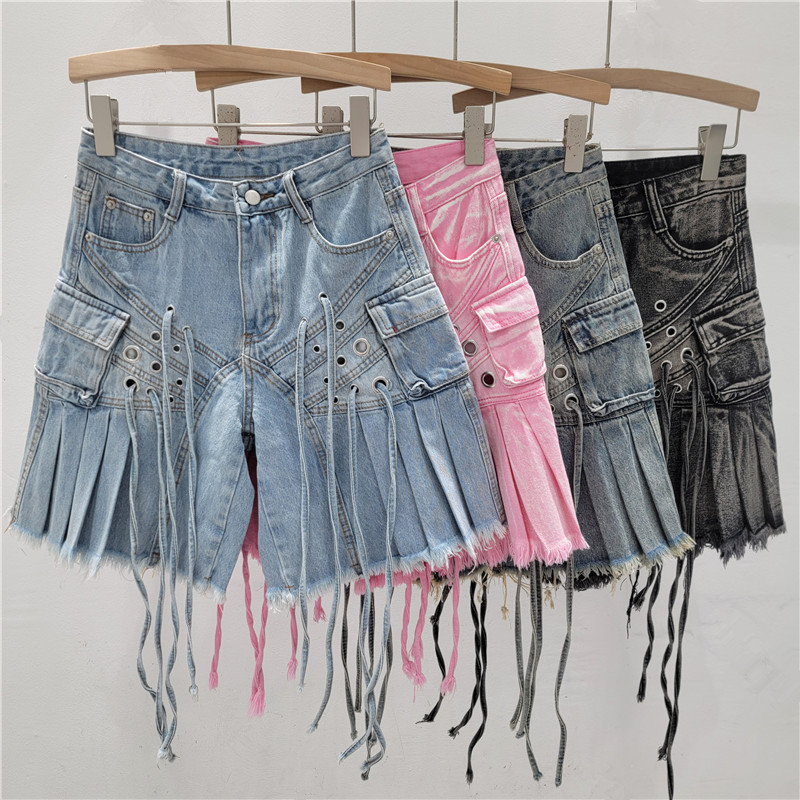 American Style Retro Multi-Pocket Strap Cordwork Pants Women's 2025 Summer Spice Girl Street Heavy Industry Design Wide Leg Cropped Pants