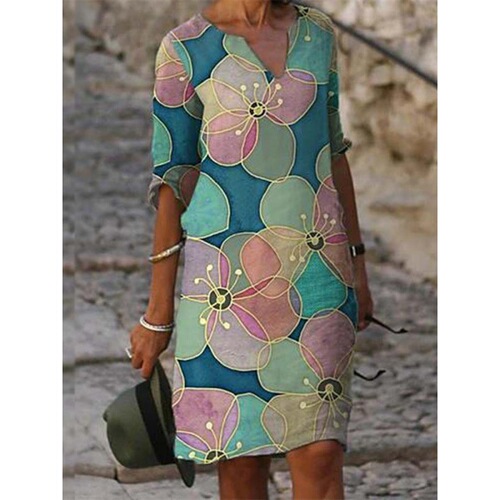  Summer New Floral Print Rendering Fashion V-Neck Short Sleeve Mid-Waist Tunic A-Line Dress for Women