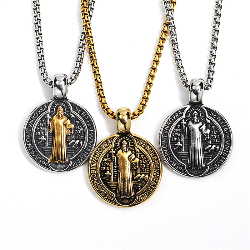 Temu Hot Selling New Jewelry European and American Retro Double-Sided St. Benedict Exorcism Men's Necklace Temu Dropshipping