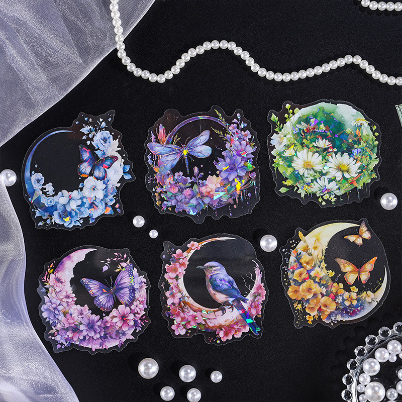 Fragante flotante flor Luna Diario pegatinas bolsa vintage PET láser tridimensional Diario material pegatinas DIY Goo tarjeta pegatinas creativas