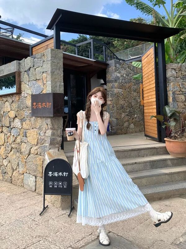 韓国系の青いストライプのストラップ付きのワンピース女性夏の海辺の休暇のロングスカートの袖なしのゆったりしたa字のスカート|undefined