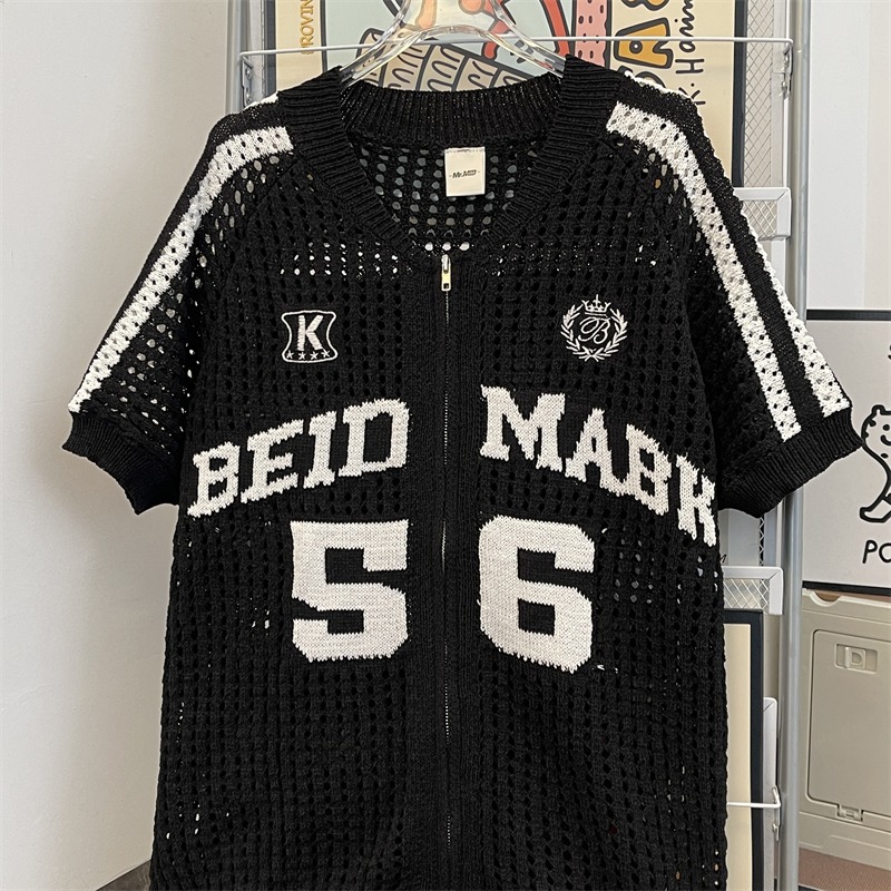 Unisex Retro Letter Print Mesh Knit Cardigan - Breathable Summer T-Shirt Jacket For Men & Women​_voghion.com