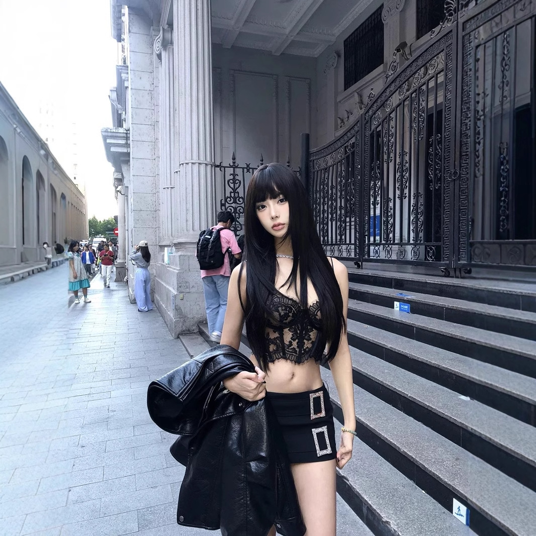 美式复古辣妹双层腰带裙裤女24冬新款银色日字扣微弹包臀超短半裙