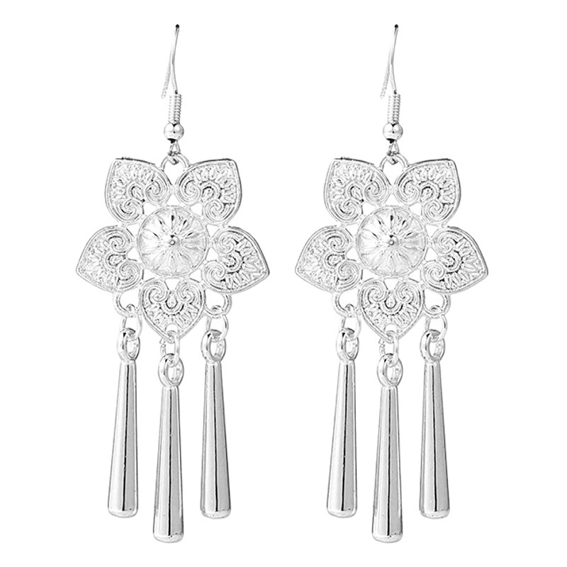 Ethnic minority style Miao silver tassel earrings retro personality Yunnan Miao exaggerated long double-layer earrings female earrings
