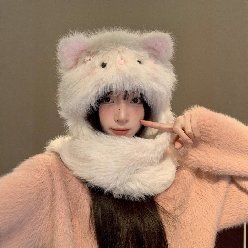 겨울 여성 고양이 귀 털모자 목도리 일체형 방한 방풍 보온 모자