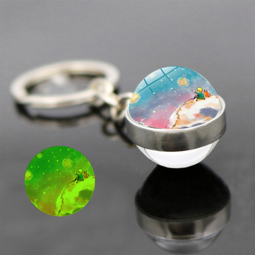 Keychain Pendant Necklace with Dual-Sided Glass Ball, Featuring the Little Prince, Fox, Glow-in-the-Dark Planet, Keychain Charm