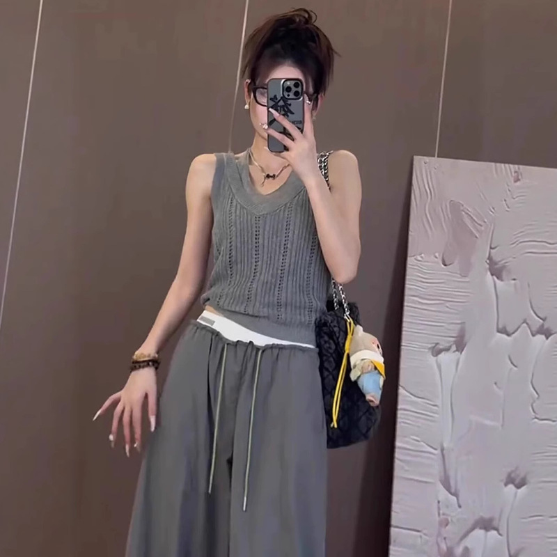 Crochet Fake Two-Piece Halter Neck Camisole Knit Top Sweater