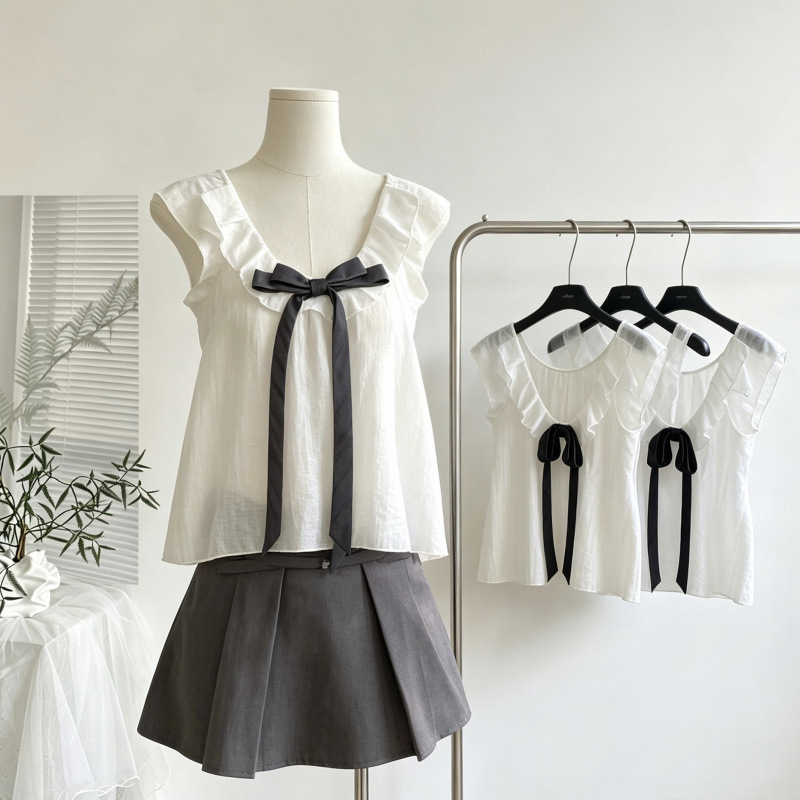 Toroon Authentic 2026 Summer Sweet and Cute Bowknot Ruffle Loose Blouse