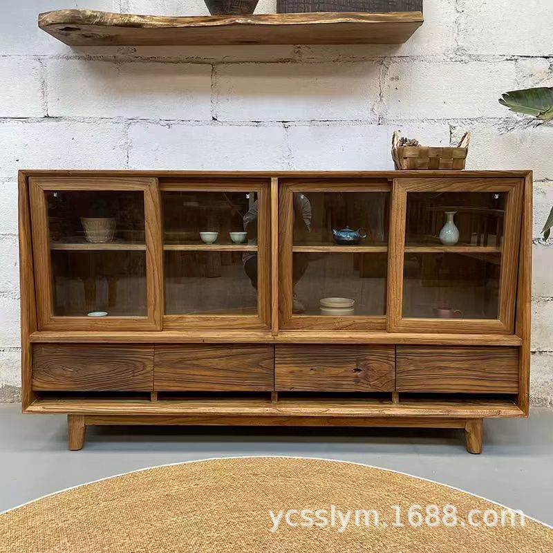 Old Elm Wood Sideboard Solid Wood Storage Cabinet Wall Tea Cabinet Homestay Glass Locker Tea Set Tea Cup Collector Cabinet