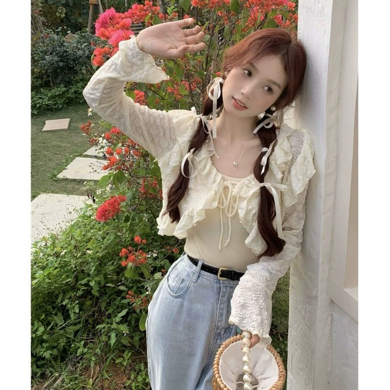 Новый сладкий нежный ветреный кружевной короткий топ французский ремешок маленький платок летняя куртка с подтяжкой