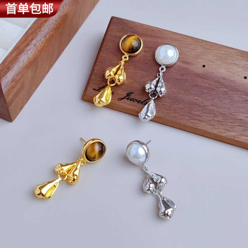 欧美时尚气质虎眼石耳坠耳钉小众精致复古耳环新款银针高级感耳饰