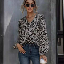 2026女装wish亚马逊ebay秋冬新品泡泡袖豹纹休闲V领宽松长袖上衣