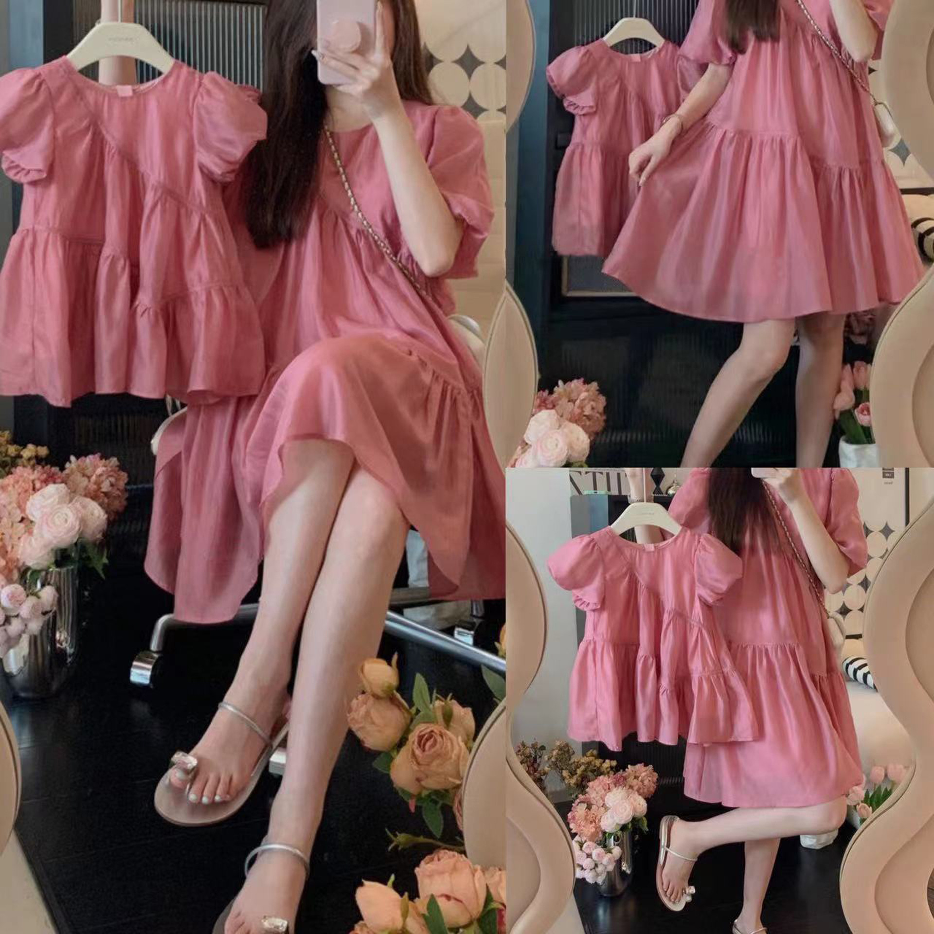 韩国夏季童装亲子装三亚度假大摆公主裙女童母女装泡泡袖连衣裙潮