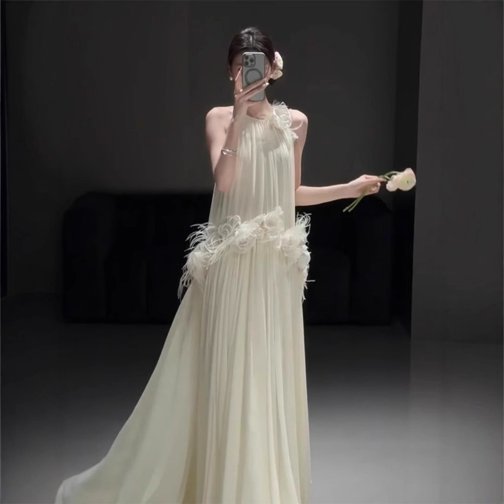 White Halter Neck Small Train Bridal Robe, Fairy-Style Small Train Vintage French Engagement Fairy Welcome Evening Dress for Women