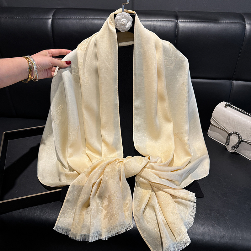New Gold Silk Tencel Cotton Cross-border Silk Scarf Women's Fashion All-match Silk-like Thin Butterfly Long Scarf Beach Scarf Scarf