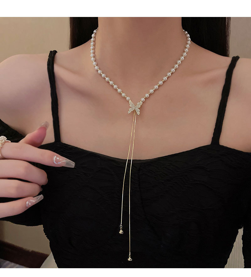 Fashion Butterfly Copper Pearl Plating Inlay Zircon Pendant Necklace 1 Piece