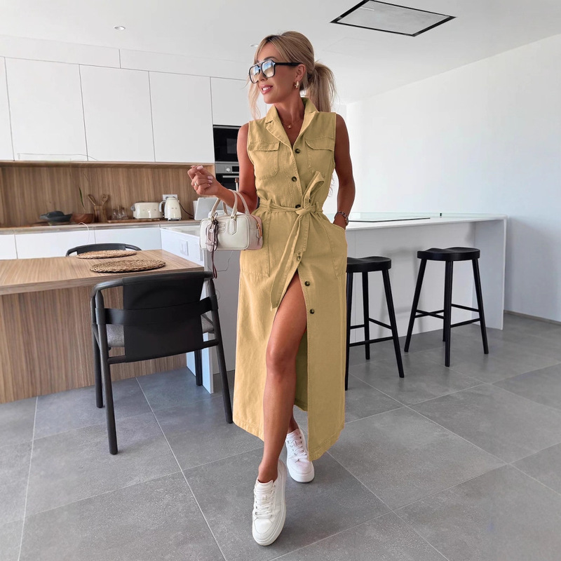 Amazon European and American Style Cross-Border New Sleeveless Long Denim Dress with Tie Waist and Single-Breasted Buttons 8990