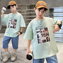 男童纯棉短袖上衣2025新款夏装洋气酷帅男孩中大儿童夏款潮牌