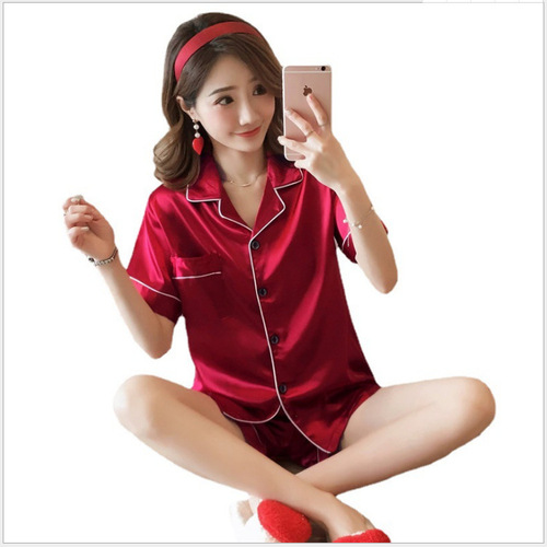 Summer pajamas, women's short-sleeved Korean cardigan, casual imitation silk ice silk cute home wear set