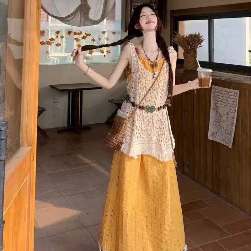 Bohemian Style Vacation Outfit, Korean Style Tassel Suspender Dress, Layered Hollow-Out Blouse, Women's Summer Set