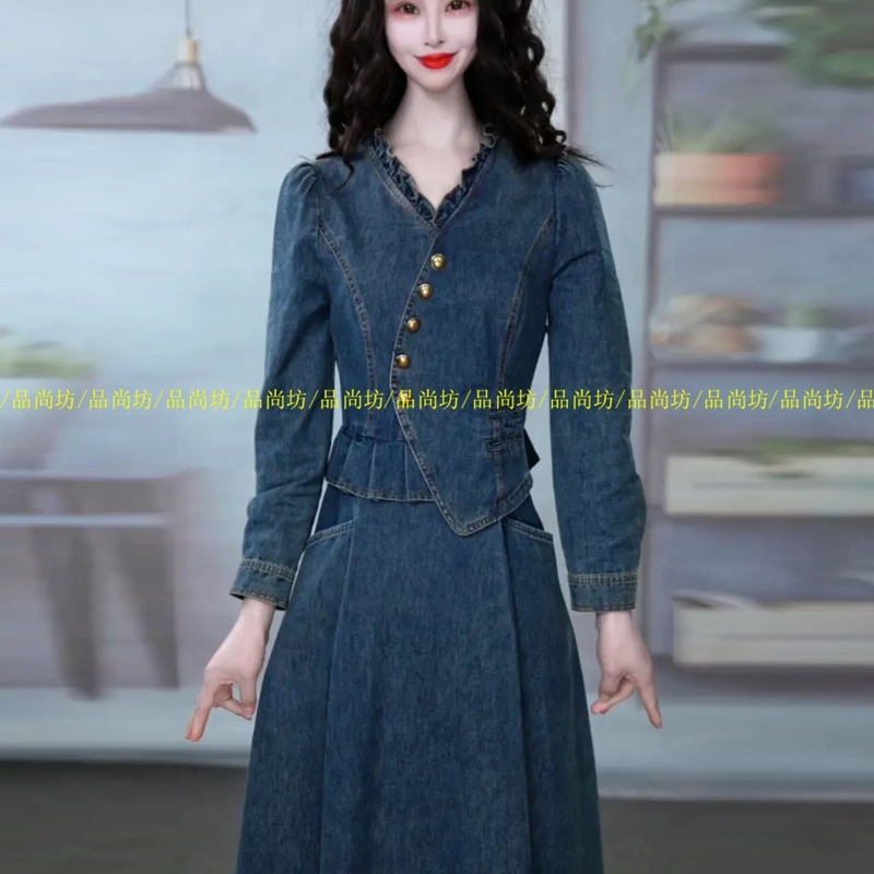 高档气质优雅时尚牛仔连衣裙秋季2025新款女装漂亮妈妈假两件裙子|undefined