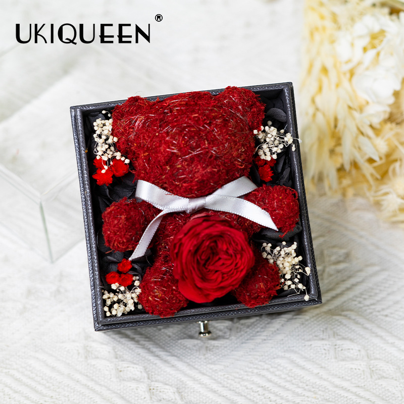 Caja de almacenamiento de joyas acrílica con diseño de oso de musgo de flor eterna, éxito de ventas de Amazon, venta al por mayor de fábrica para comercio exterior, regalo de flor eterna.