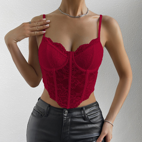 European and American foreign trade sexy lace steel ring rhombus fishbone exposed navel see-through hot girl fitting small vest female 10714