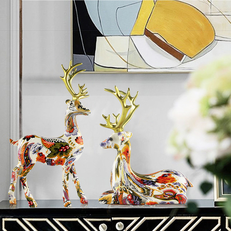  Nordic Colorful Deer Home Living Room Desktop Ornaments Resin Water Transfer Deer Wine Cabinet Creative Decorations Retro