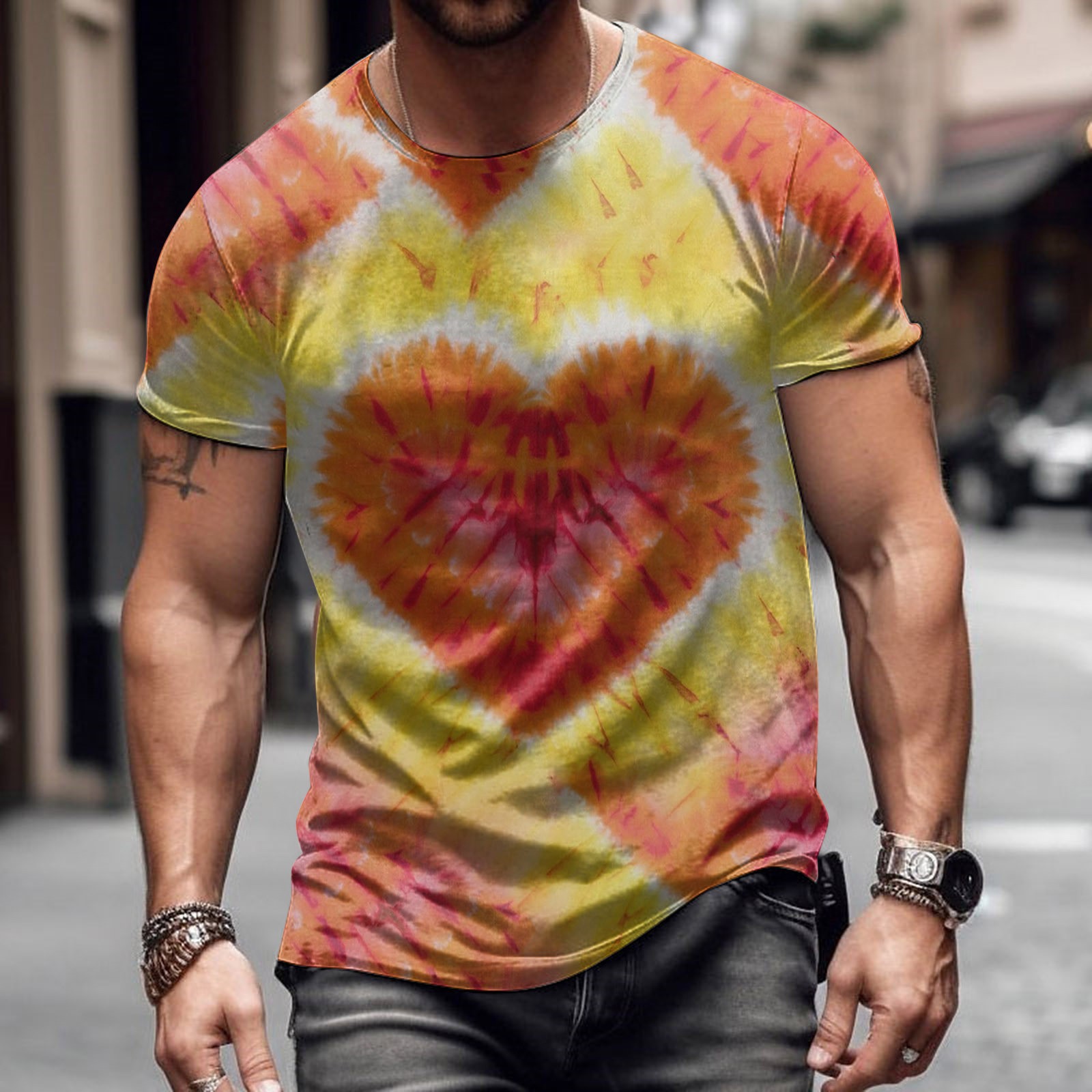 Moda romántica Día de San Valentín colorido amor 3D cepillado lleno de impresión de los hombres calle alta suelta transpirable camiseta de manga corta en stock