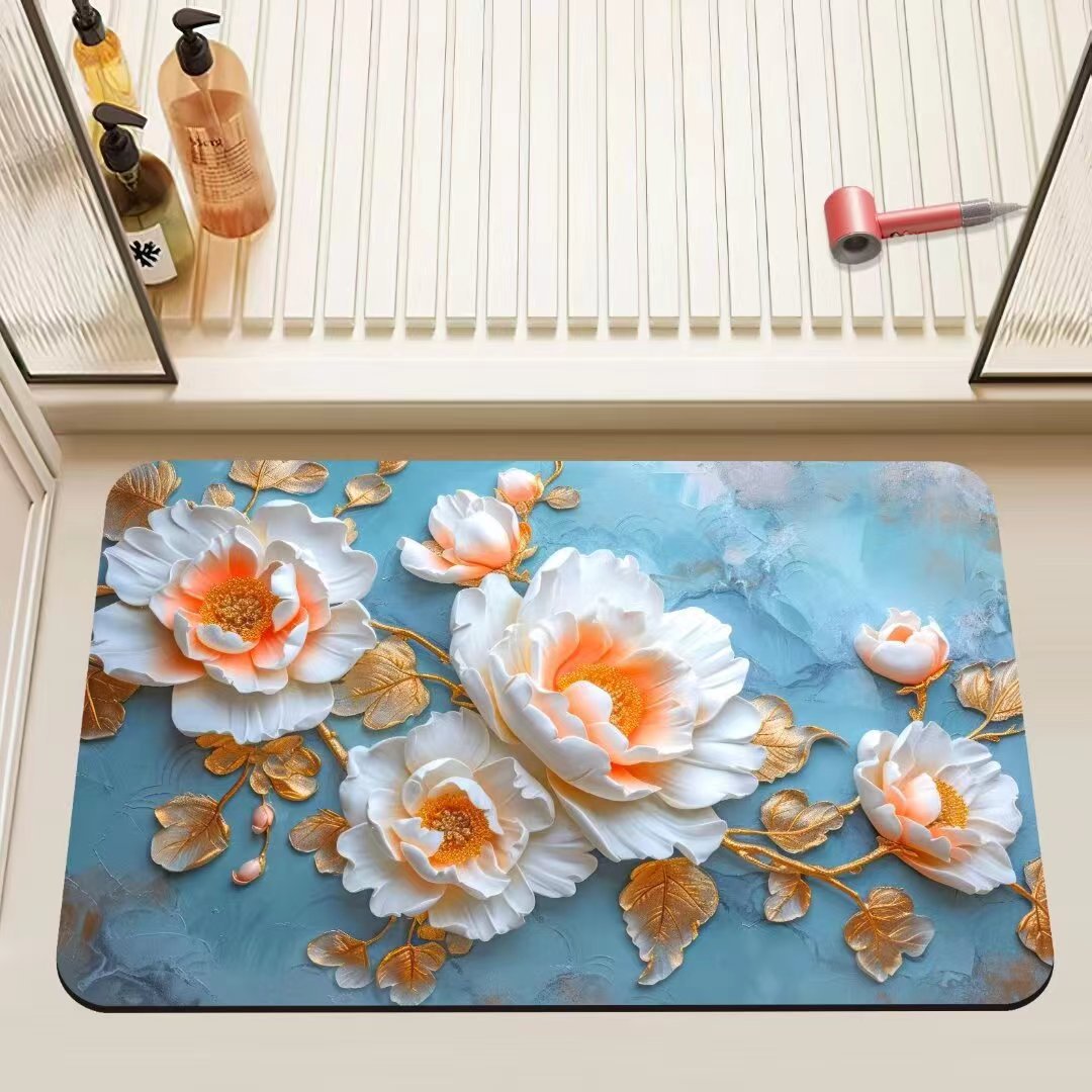 3D Internet Celebratory Retro Flower Bathroom Floor Mat Toilet Door Absorbent Anti-Slip Mat Soft Diatom Mud Foot Mat Can be Cut