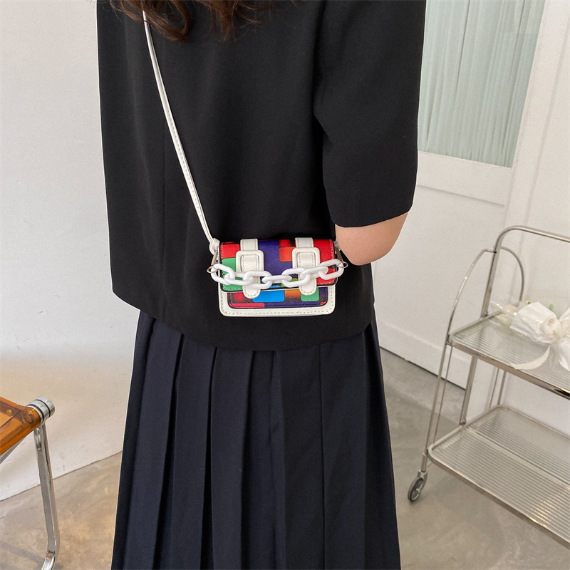 Bolsos transfronterizos de moda, bolso cuadrado pequeño, nuevo bolso de hombro con bloques de color arcoíris, bolso cruzado con bloques de color, mini bolso cuadrado pequeño para niños