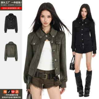 美式复古多口袋立领夹克外套女秋季修身收腰休闲工装上衣厂家直发