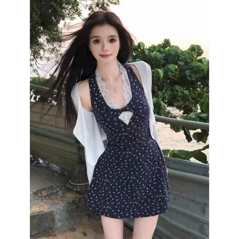 Летний женский костюм-двойка для горячих девушек, кружевное платье с вырезом и цветочным принтом на бретельках + белый солнцезащитный кардиган