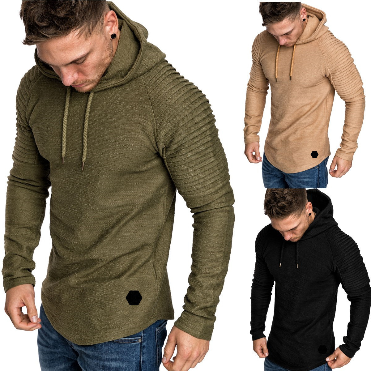 Men's Clothing Autumn and Winter New Round Neck Slim Fit Solid Color Hooded Long Sleeve Sweater Striped Pleated Raglan Sleeve Men's Clothing_voghion.com