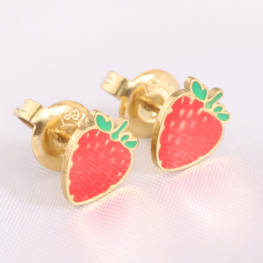 Women's Gender 1 Pair Simple Style Cherry Heart Shape Strawberry Enamel Titanium Steel Ear Studs