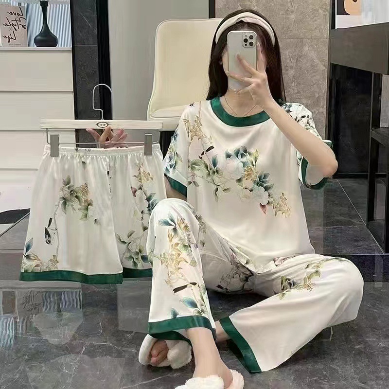 [conjunto de tres piezas] pijamas de mujer nuevo cuello redondo de verano manga corta ropa casera casual pantalones cortos sueltos set