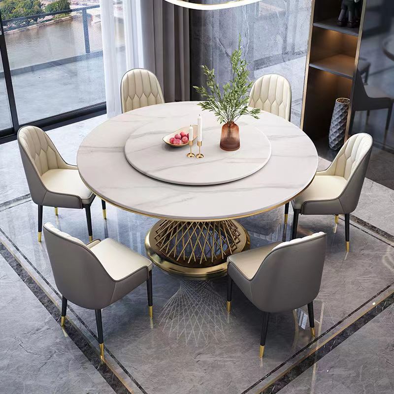 Mesa de comedor de mármol, mesa redonda doméstica, mesa de comedor de roca de lujo ligera con rotación.