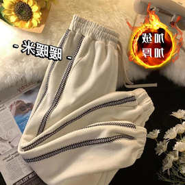 复合绒加绒加厚女秋冬季新款束脚裤子设计感小众潮ins高街卫裤潮