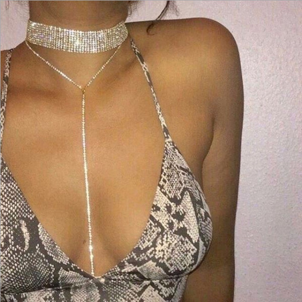 Cross-Border Claw Chain Diamond Long Necklace Women's Multi-Row Rhinestone Collar Summer Beach Clothing Length Pendant