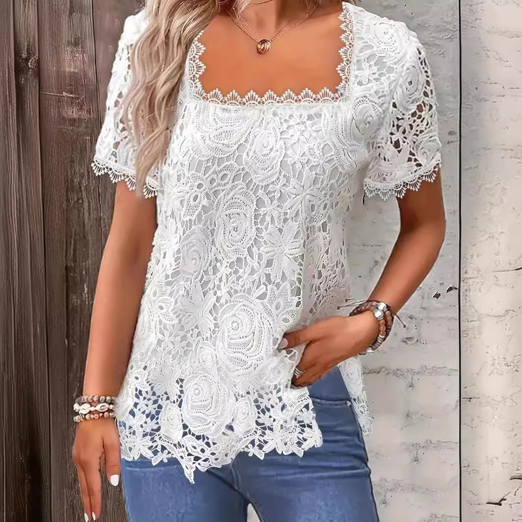 summer solid color lace T-shirt