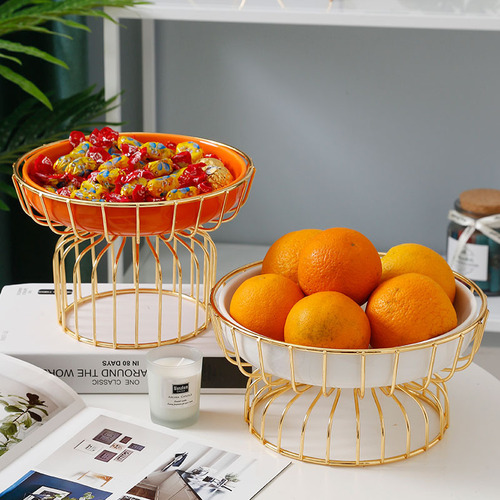 Amazon Ceramic Iron Rack Fruit Bowl Nordic Light Luxury Gold Iron Ceramic Snack Plate Cosmetics Storage Plate