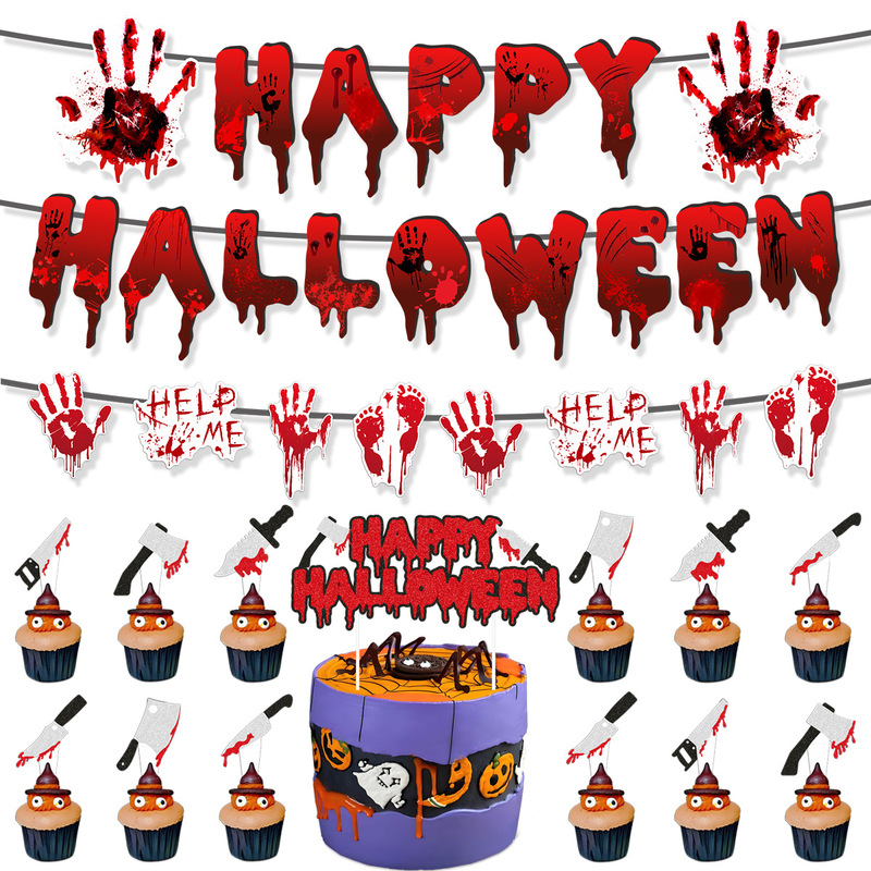 2025年アマゾンハロウィンデコレーション血まみれの旗ケーキインサートハニカムセット卸売カスタマイズ血手形|undefined