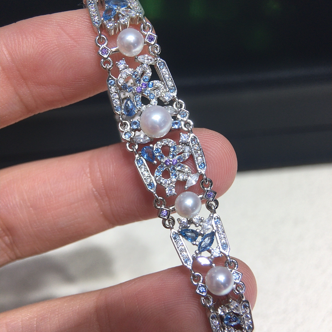 Vòng tay ngọc trai nước ngọt tự nhiên cao cấp đính zircon — bạc chi tiết 3