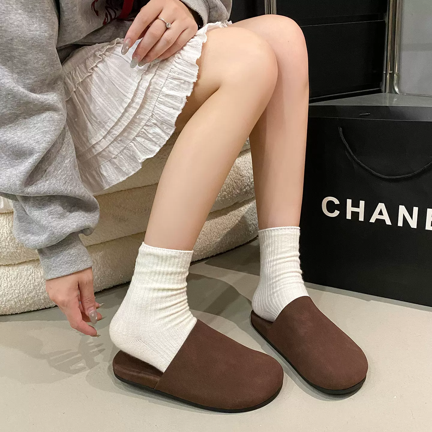 内增高冬季毛毛勃肯半拖鞋懒人一脚蹬2025新款加绒包头拖鞋勃肯鞋