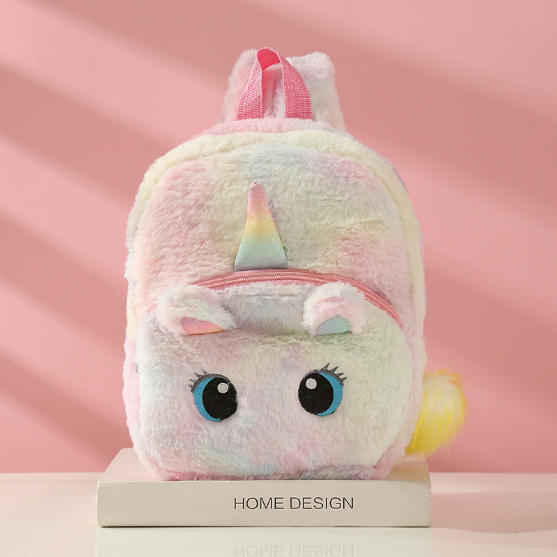 新款Unicorn独角兽彩色兔毛幻彩毛绒球双肩包儿童女孩学生书包详情图5