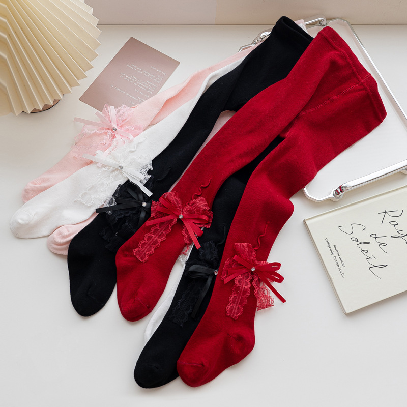 2024 otoño nuevo estilo coreano niñas brillante diamante doble arco pantimedias leggings Lolita princesa estilo pantimedias