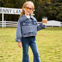 工厂加工定制-春秋季女童短款翻领荷叶边喇叭袖时尚休闲牛仔夹克