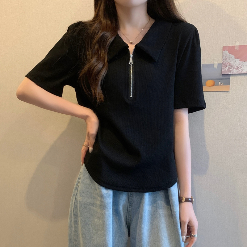 plus size chubby girl half zipper design polo collar women's short sleeve T-shirt jacket summer cotton half sleeve T-shirt 200kg plus size chubby girl half zipper design polo collar women's short sleeve T-shirt jacket summer cotton half sleeve T-shirt 200kg